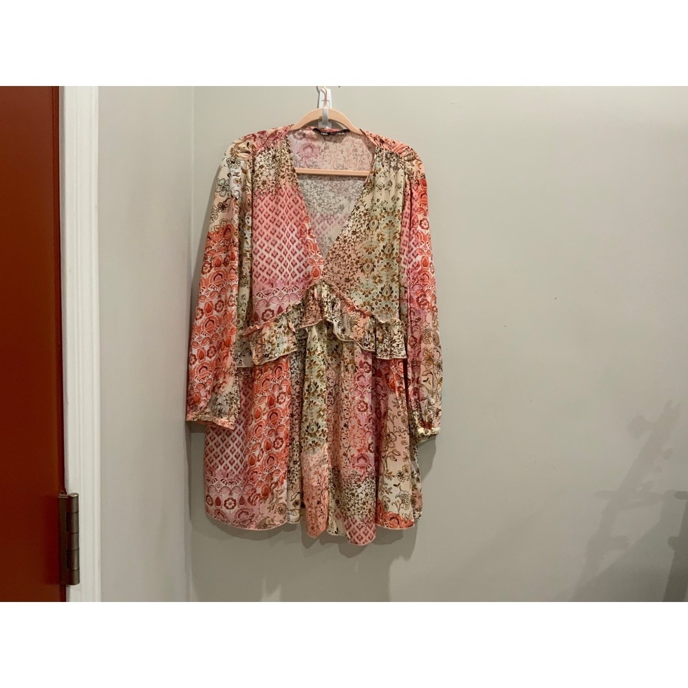 Zara Patchwork Floral V-Neck Mini Dress Pink Orange Boho Ruffle Large